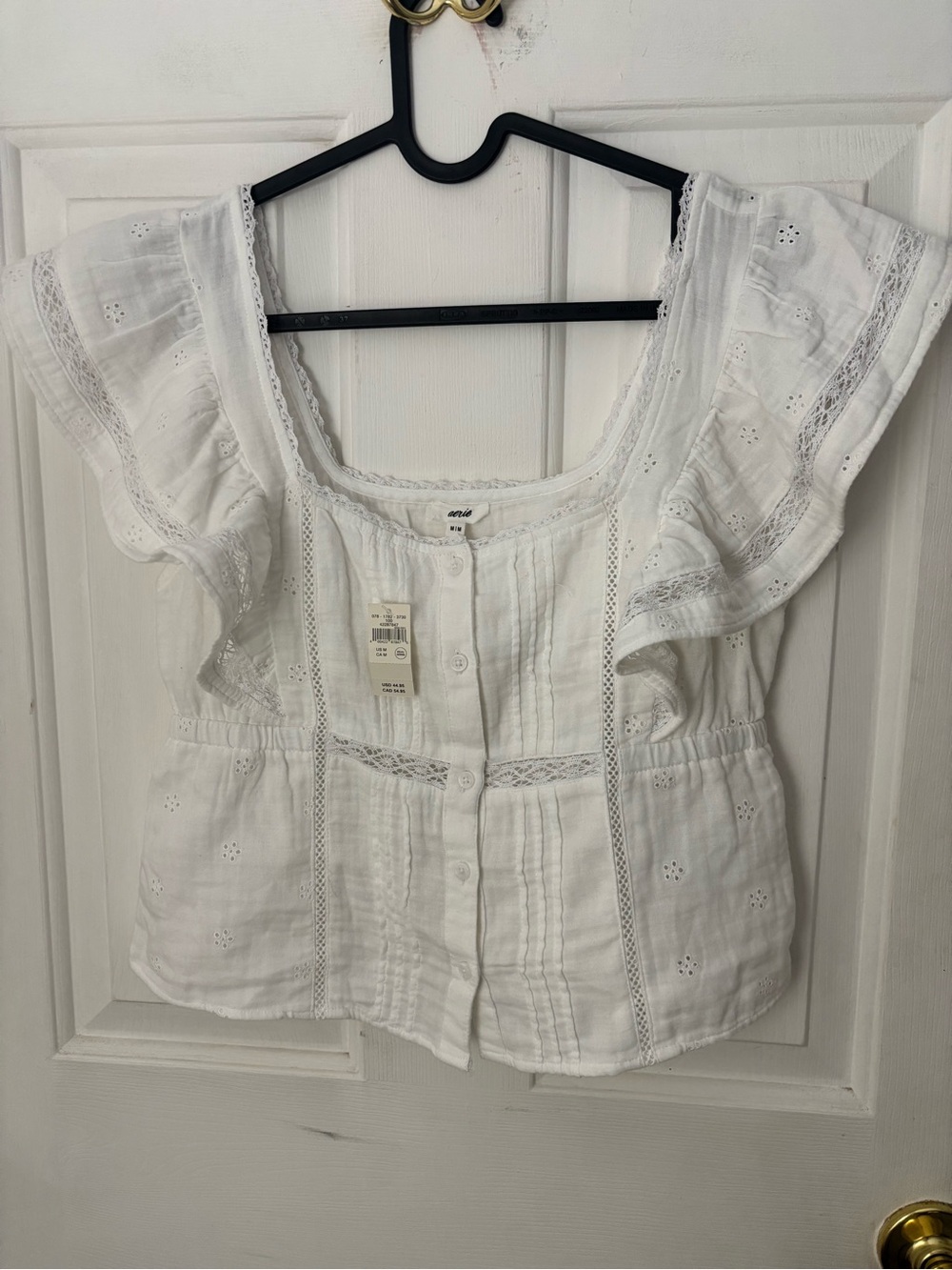 aerie White Eyelet Button-Front Ruffle Sleeve Top